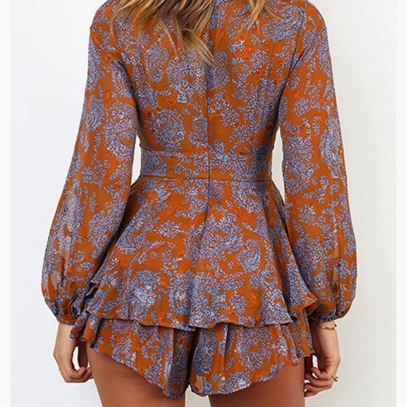 🔥 Women's Jumpsuit Floral Print V Neck Baggy Sleeve Waist Tie Double Layer - Picture 5 of 6